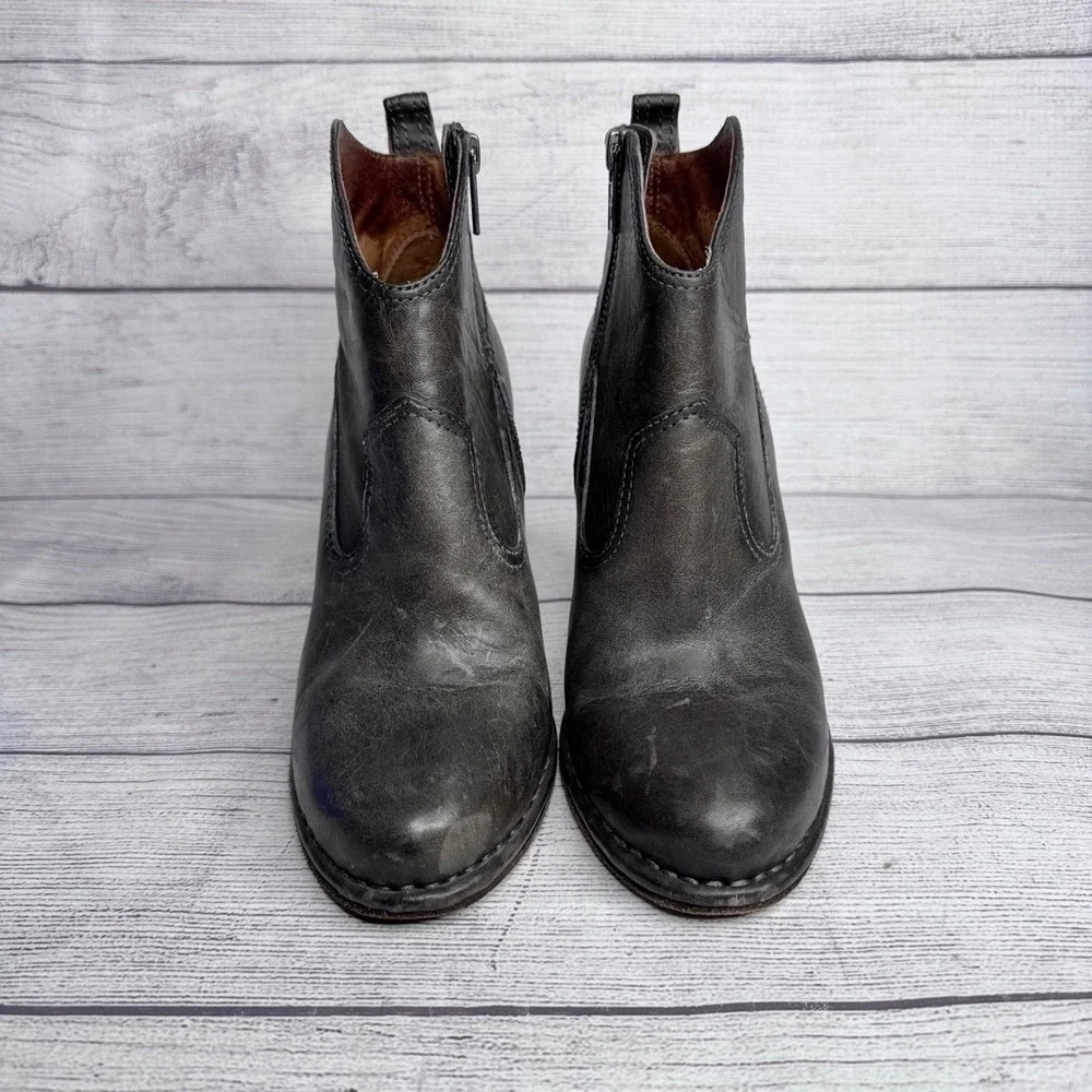 Frye Womens 7.5 M Smoke Grey Leather Western Ankle Booties 3470123-SMK Wood Heel
